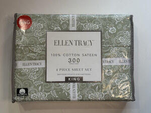 Ellen Tracy 100% Cotton Sateen 4PC KING Sheet Set Green White Floral Paisley